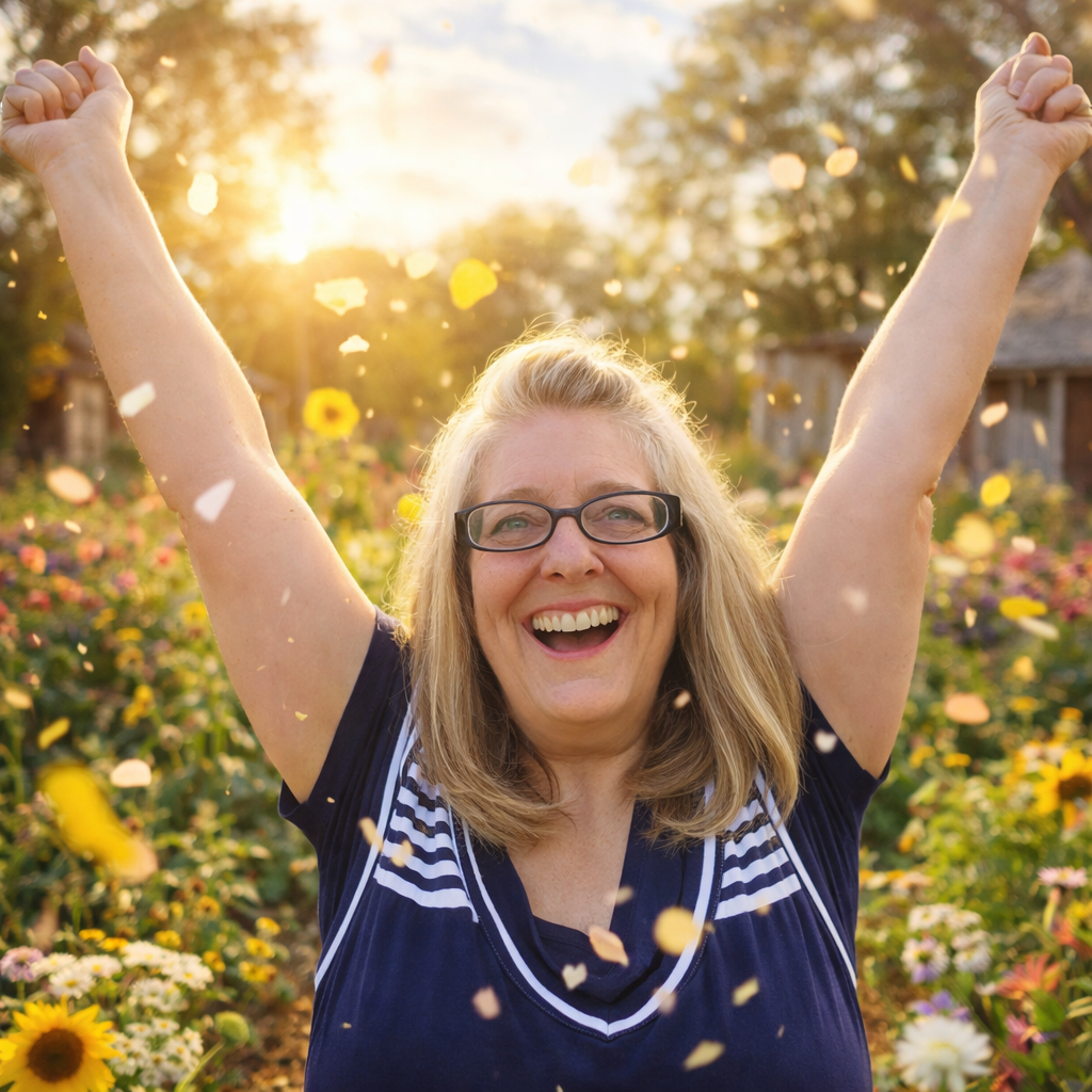 Renee Mysliwiec celebrating in a sunny flower garden